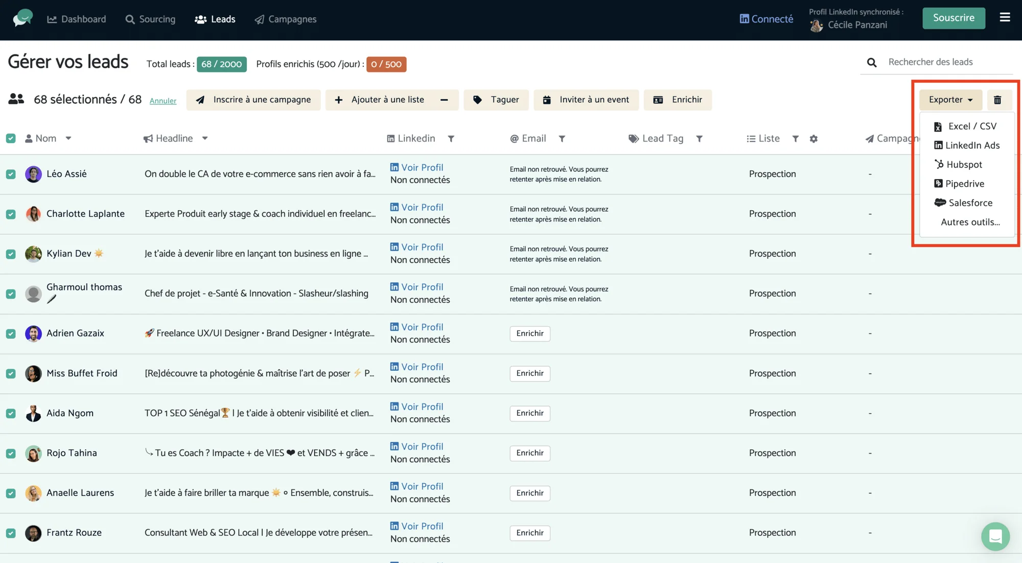 Page web d'exportation de contacts, tableau de données, boutons "Exporter" en bas à droite.