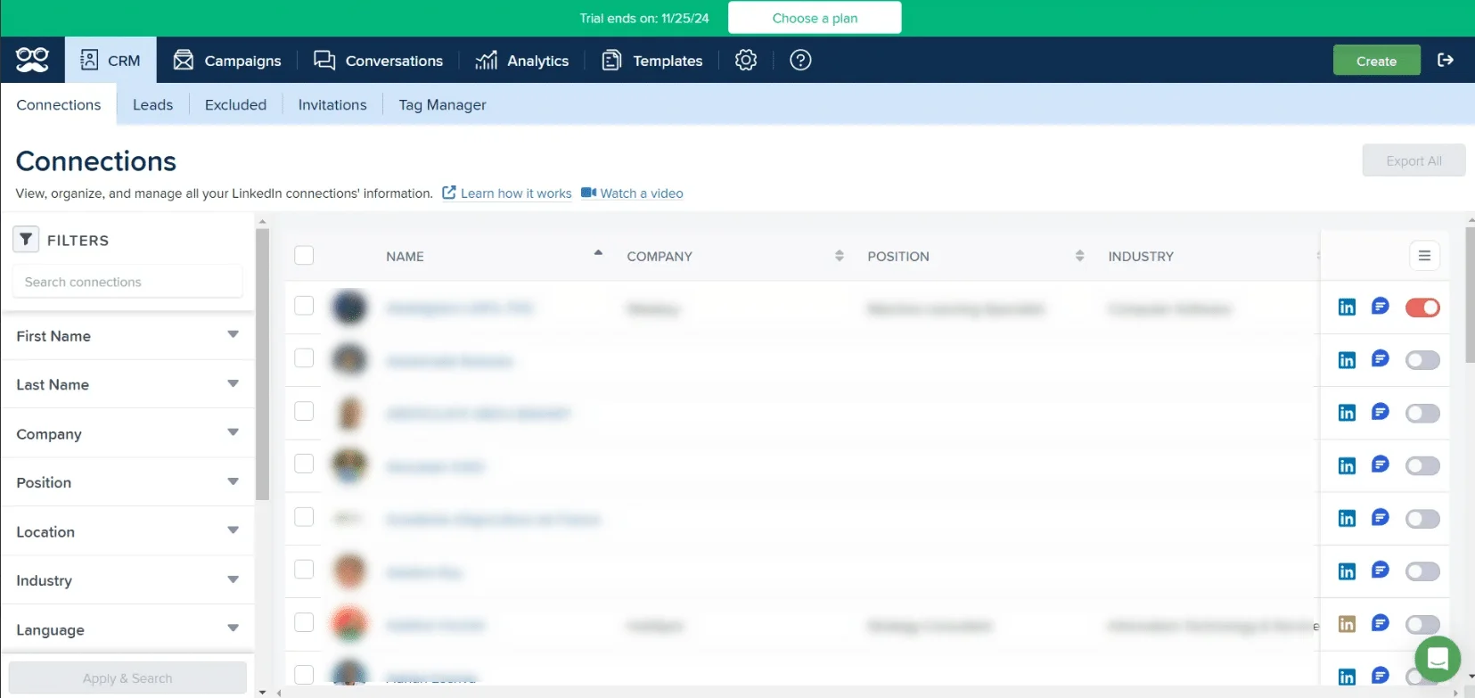 Interface CRM gestion connexions Waalaxy