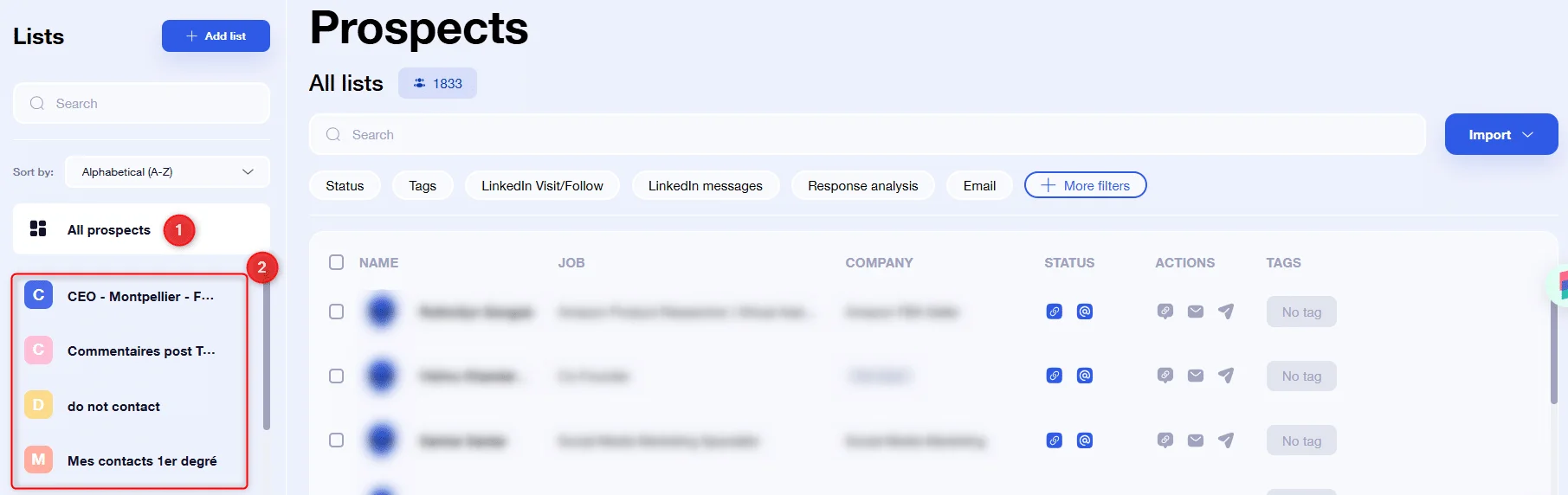 Interface prospects Waalaxy prospection LinkedIn