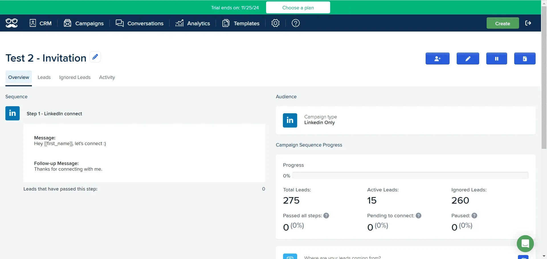 Campaign sequence LinkedIn invitation Waalaxy