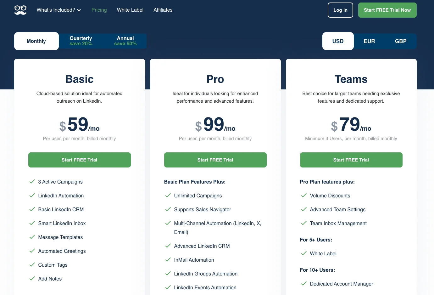 Comparaison plans tarifaires Waalaxy Basic Pro Teams
