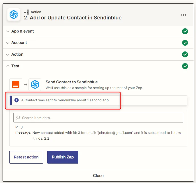Interface d'application Sendinblue montrant un message de notification de contact ajouté récemment.