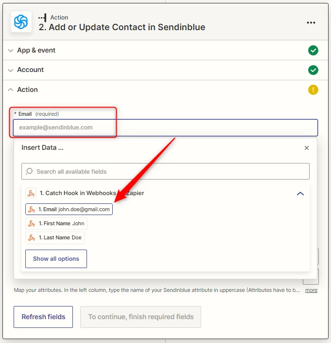 Formulaire d'inscription avec champ Email requis, exemple@sendinblue.com.