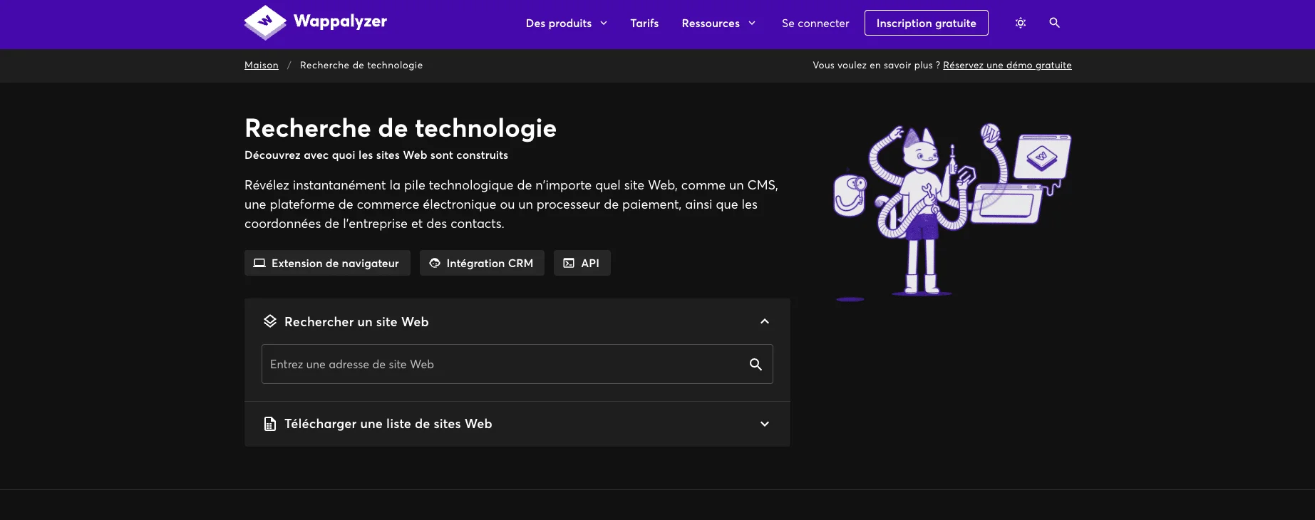 Aperçu de la page de la fonctionnalité profilage de l'outili Wappalyzer