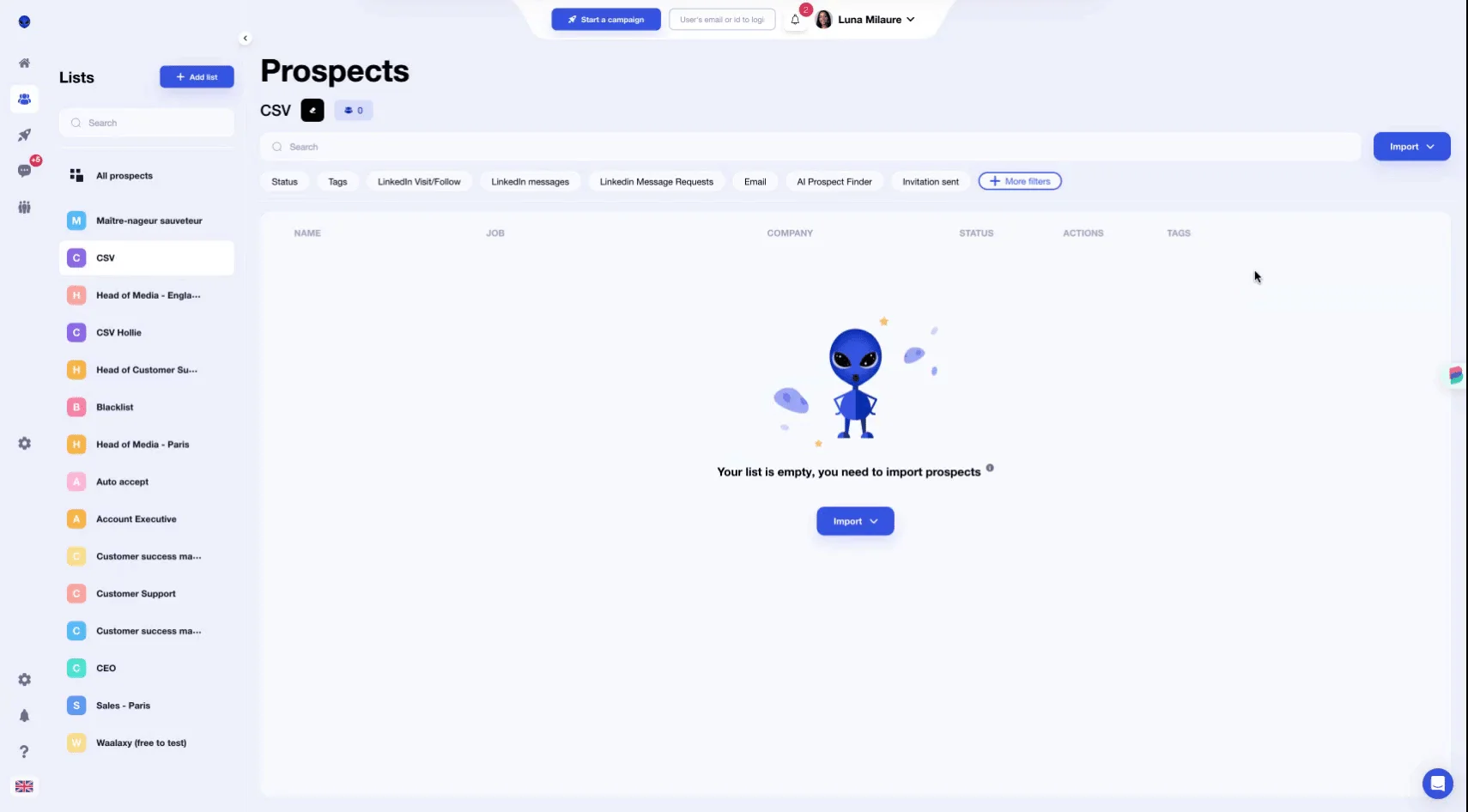 Interface prospects Waalaxy liste vide