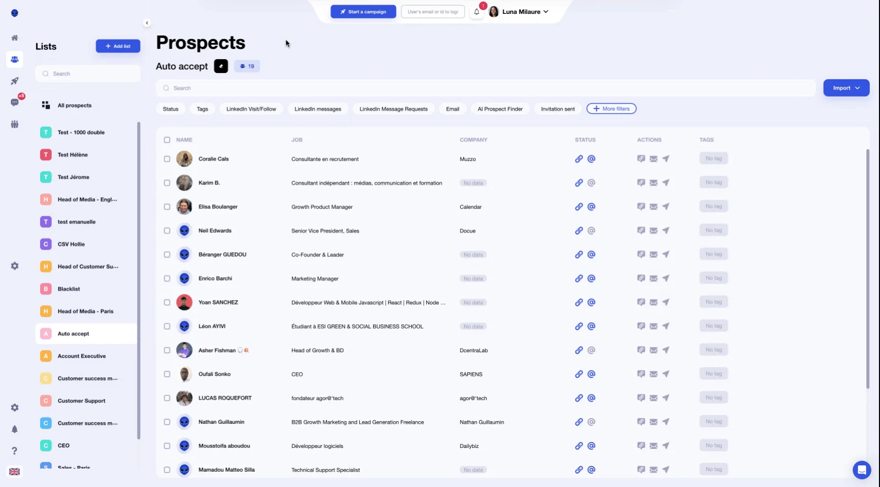 Interface prospection prospects Waalaxy