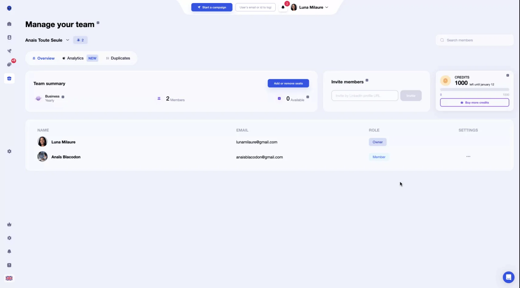 Interface de gestion d'équipe Waalaxy