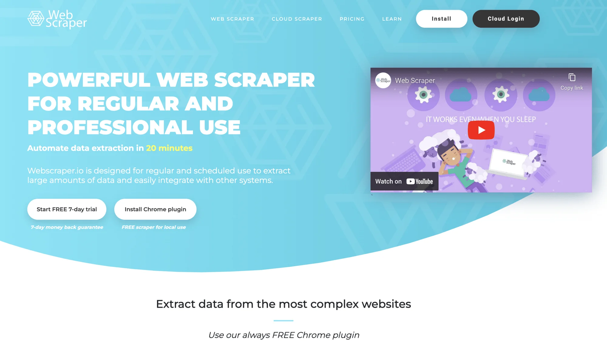 Page web sur Web Scraper, promotion d'un outil de scraping web puissant pour l'extraction de données complexes.
