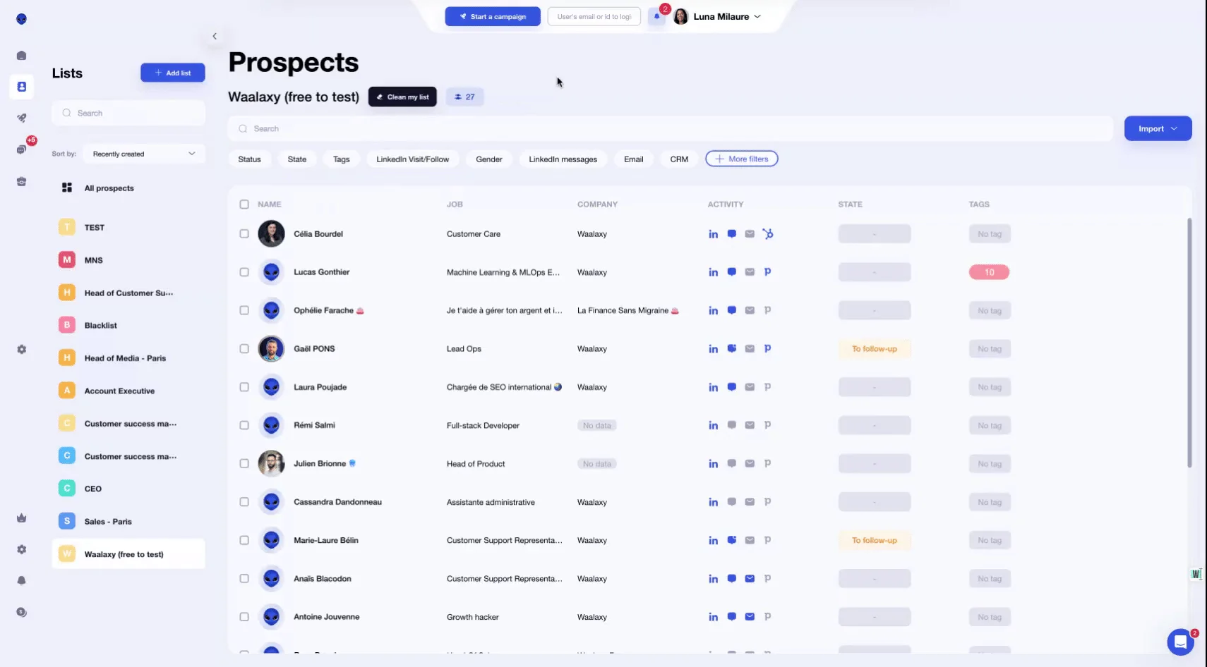 Interface prospection prospects Waalaxy