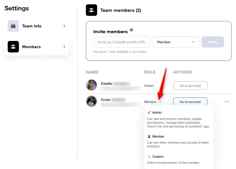 Plan Team Waalaxy: Managing member permissions