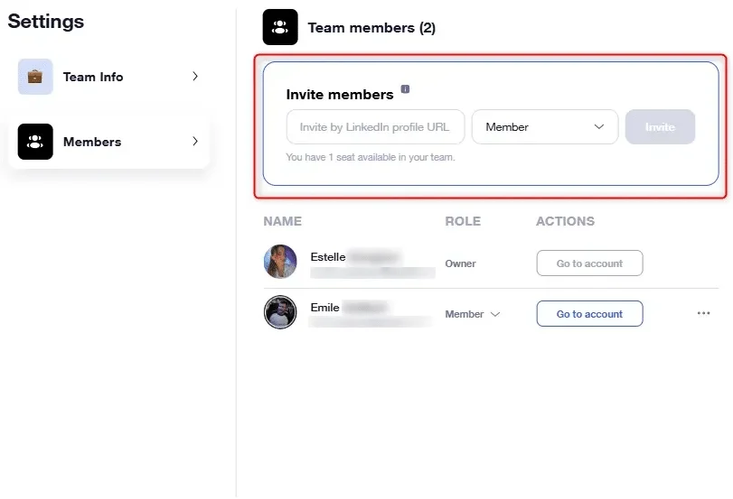 Invite a member on Waalaxy team plan