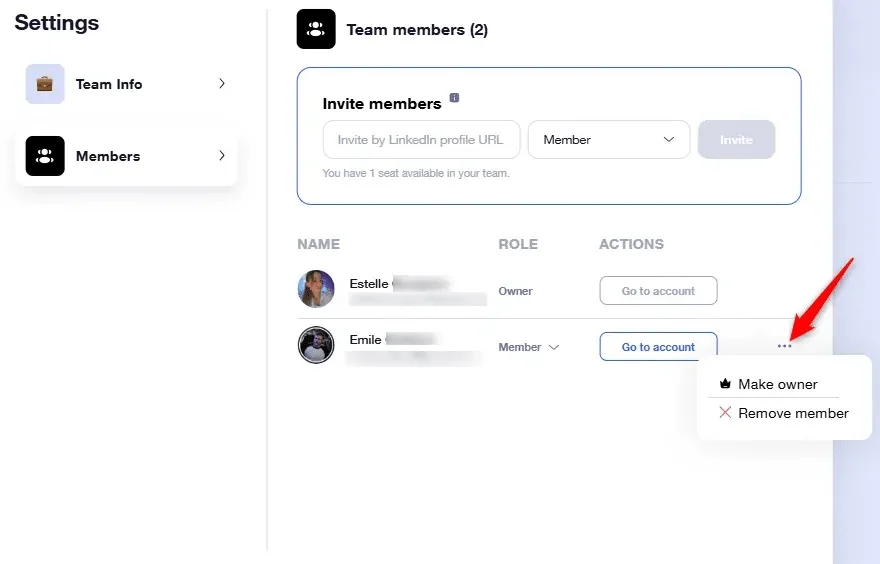 Remove a team member on Waalaxy