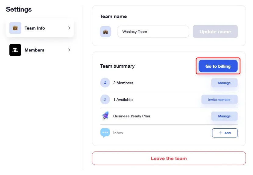 Waalaxy team plan billing