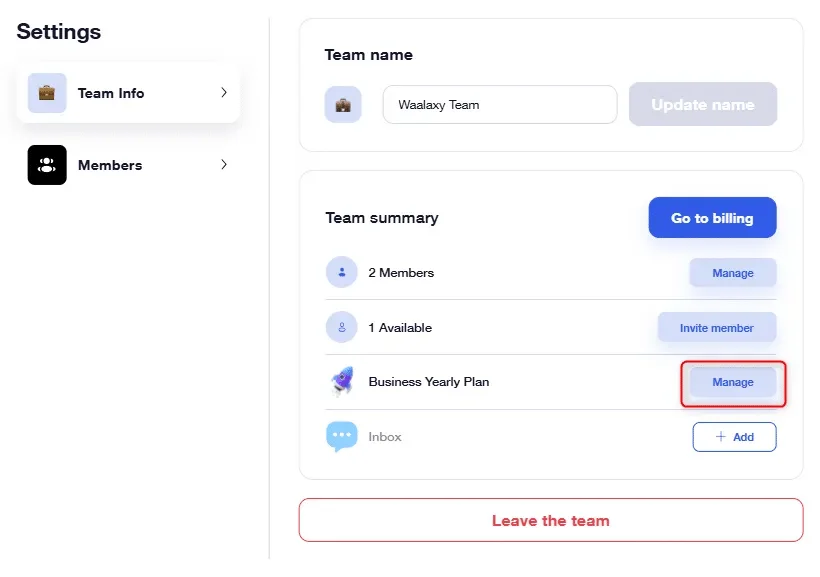 Add seats on Waalaxy team plan