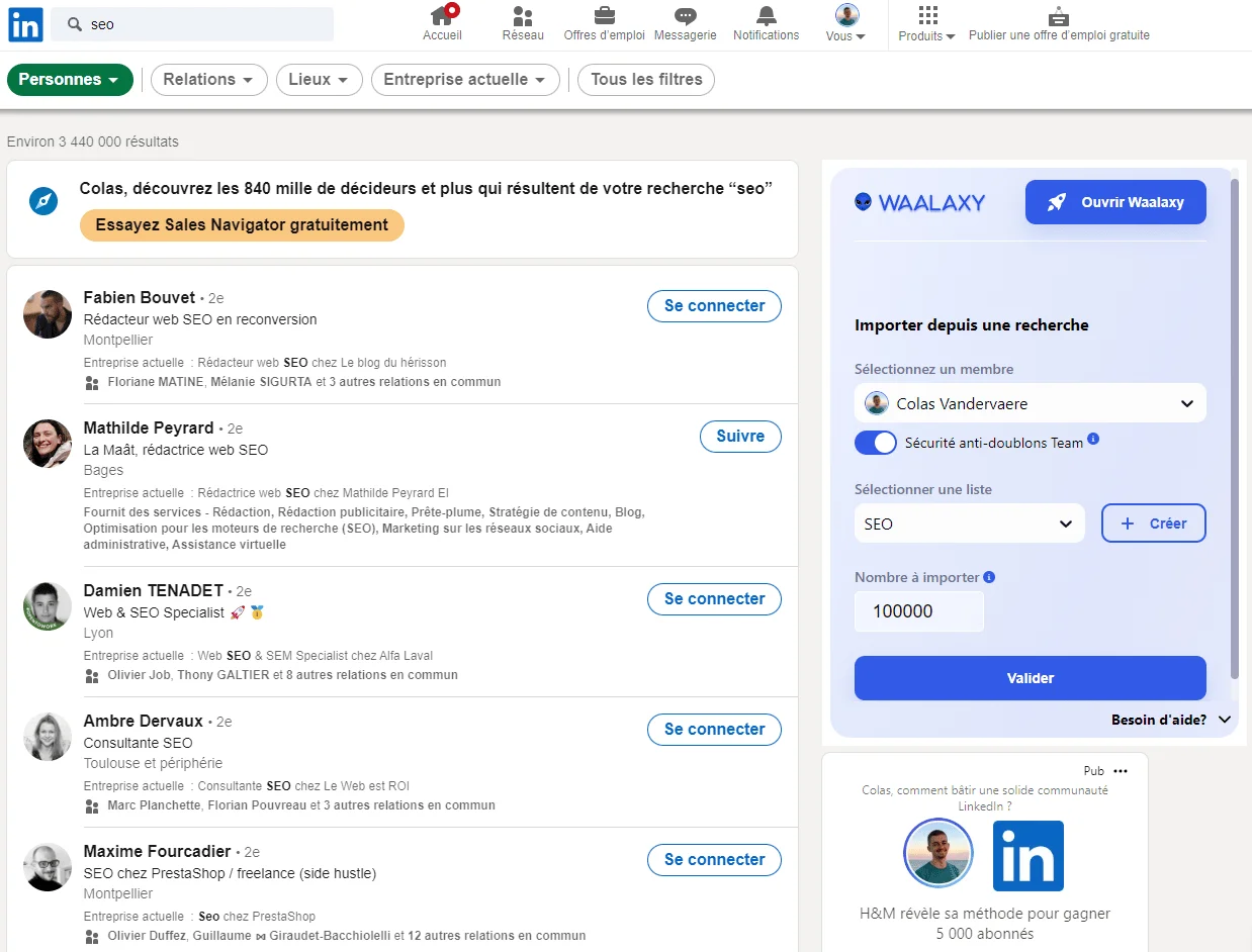 Page LinkedIn montrant des profils professionnels et un outil d'importation de contacts.