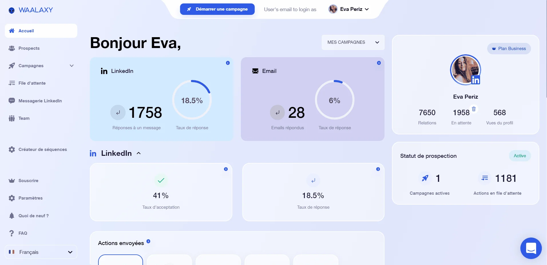 Page d'interface utilisateur avec des statistiques de prospection et de campagnes sur LinkedIn et Email.