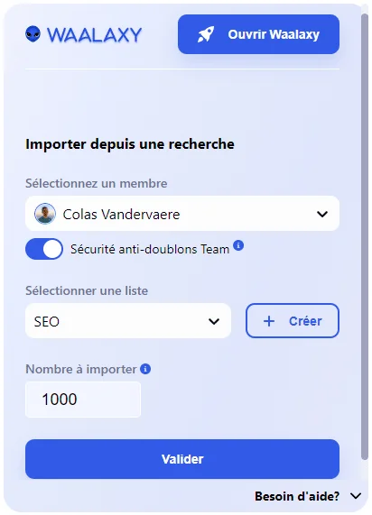 Page web d'importation de membres pour WAALAXY, avec Colas Vandervaere sélectionné, Sécurité anti-doublons Team activé, 1000 membres à importer.