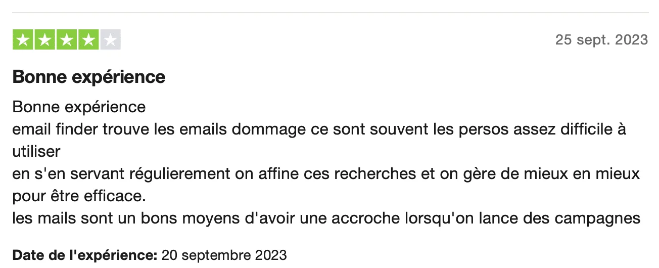 Avis positif sur l'outil d'email finder, date: 20/09/2023.