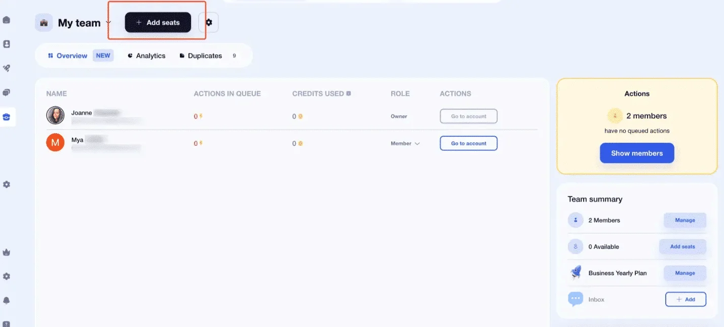 Interface de gestion d'équipe Waalaxy
