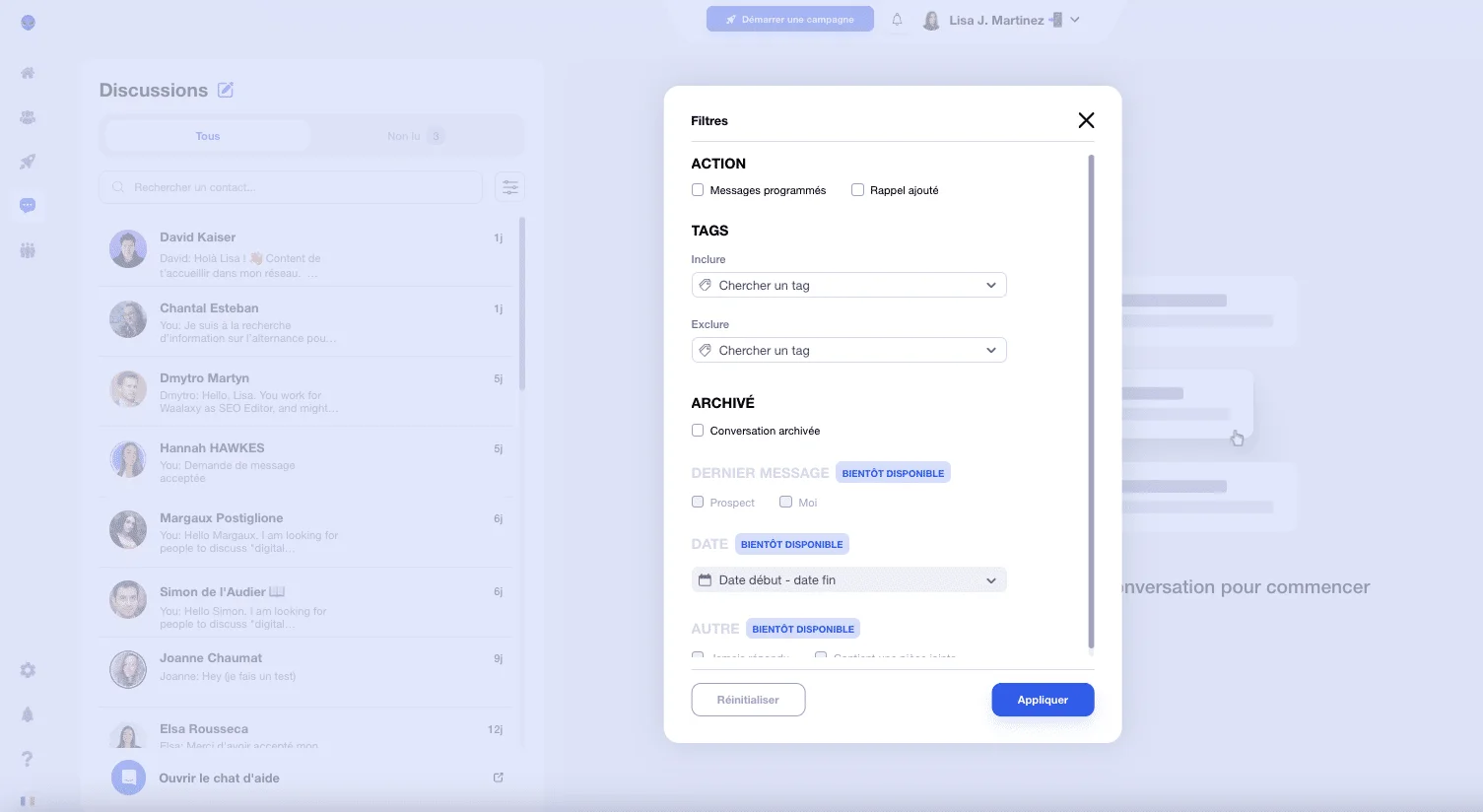Vision des filtres de l'Inbox, par Waalaxy