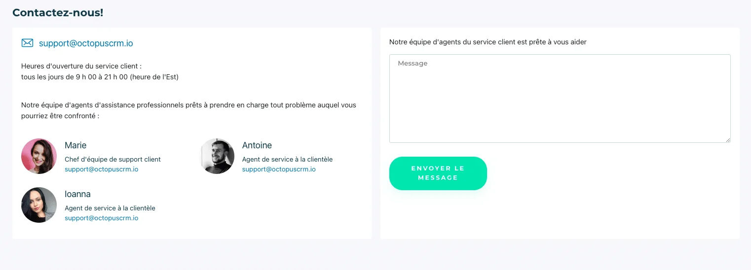La page d'infos et de contact du support d'Octopus CRM