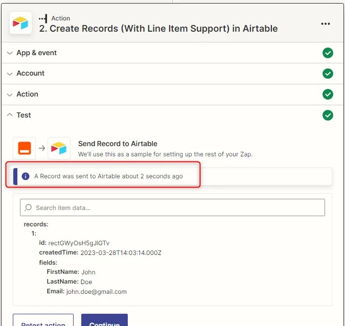 Interface d'application montrant un enregistrement envoyé à Airtable il y a 2 secondes.