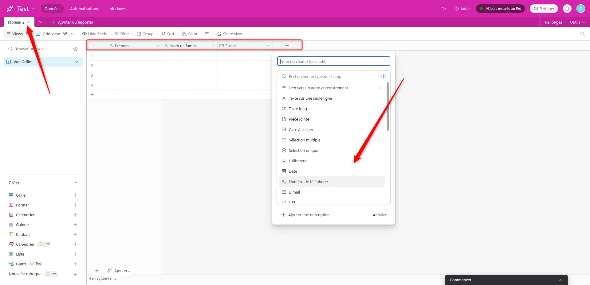 Page web avec interface utilisateur, liste de tâches, filtre "Trier par", menu déroulant "Base de choix d'éléments" et options de tri.