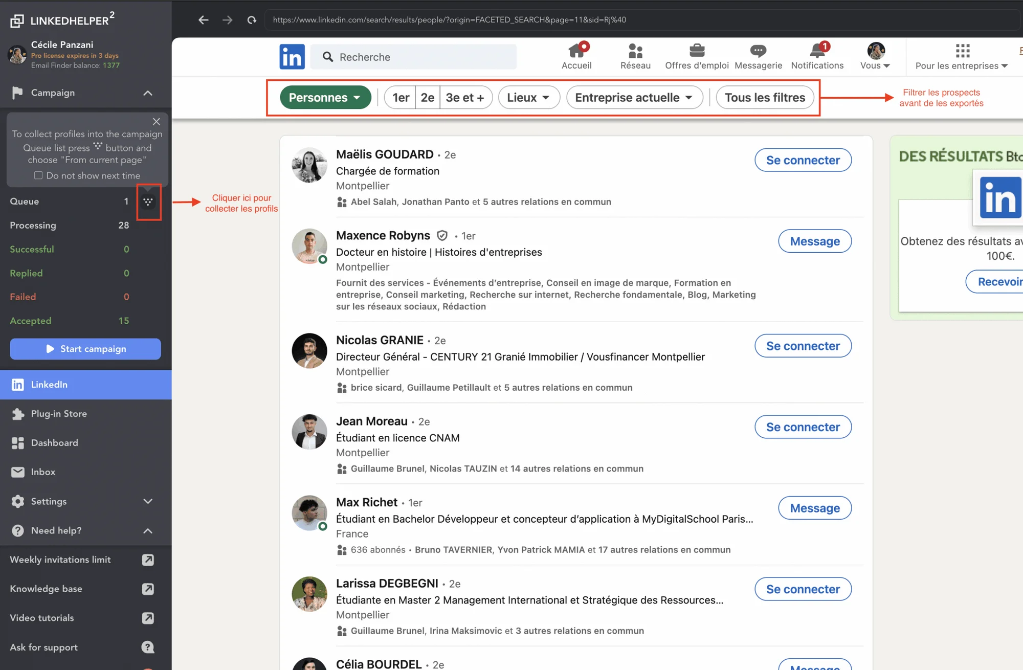 Collecte des prospects - LinkedHelper