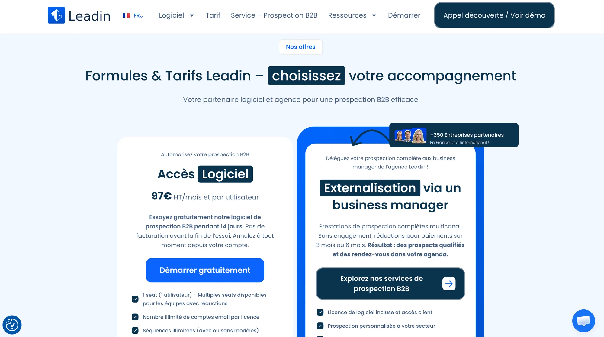 tarifs des 2 abonnements Leadin