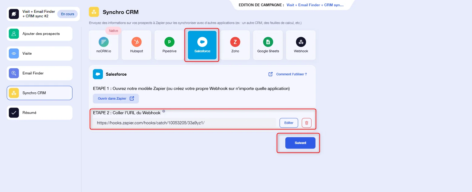 Page web de Synchro CRM, formulaire de connexion avec bouton "Connecter". URL du Warehouse inscrite dans champ rouge. Interface utilisateur, texte en français.