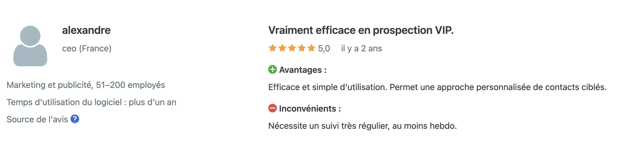 Avis d'utilisateur Alexandre (CEO) sur un logiciel marketing efficace pour prospection VIP. Cinq étoiles, avantages et inconvénients mentionnés. Contexte : Marketing et publicité, 51-200 employés, plus d'un an d'utilisation.