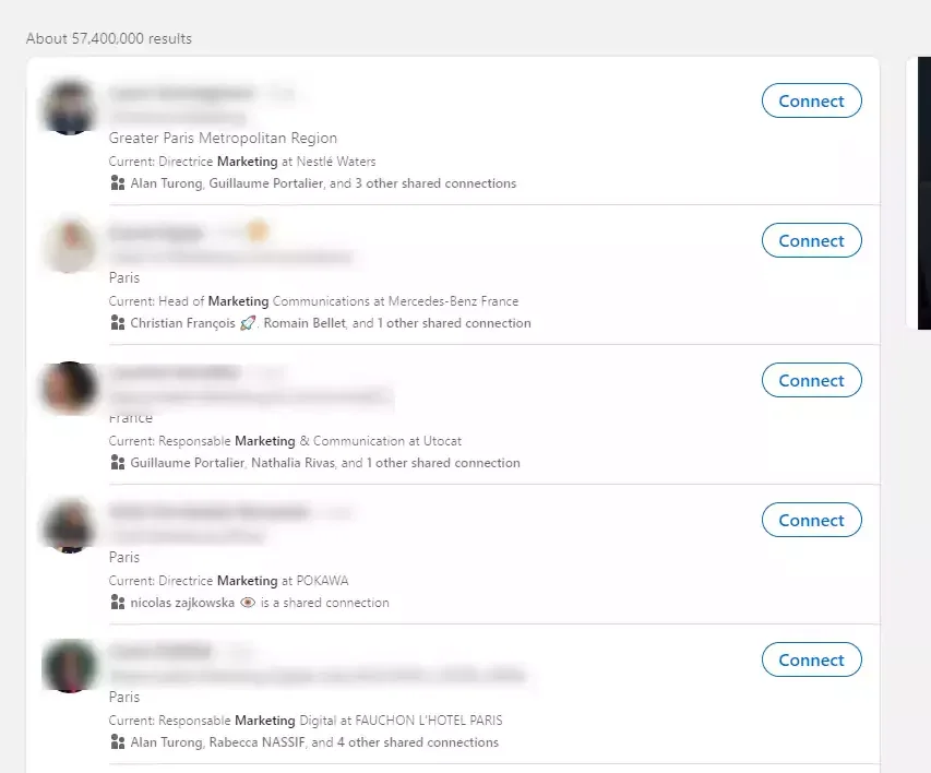 Résultats recherche profils LinkedIn marketing