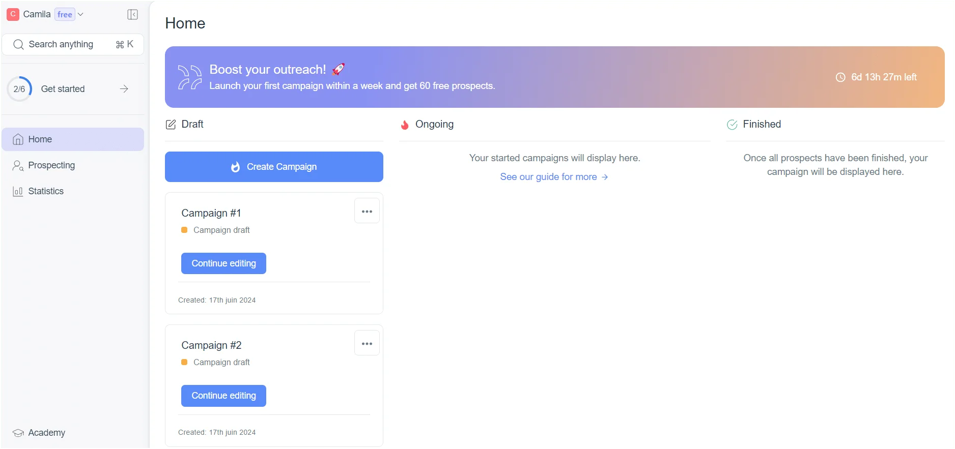 Plateforme prospection brouillons campagnes Camila