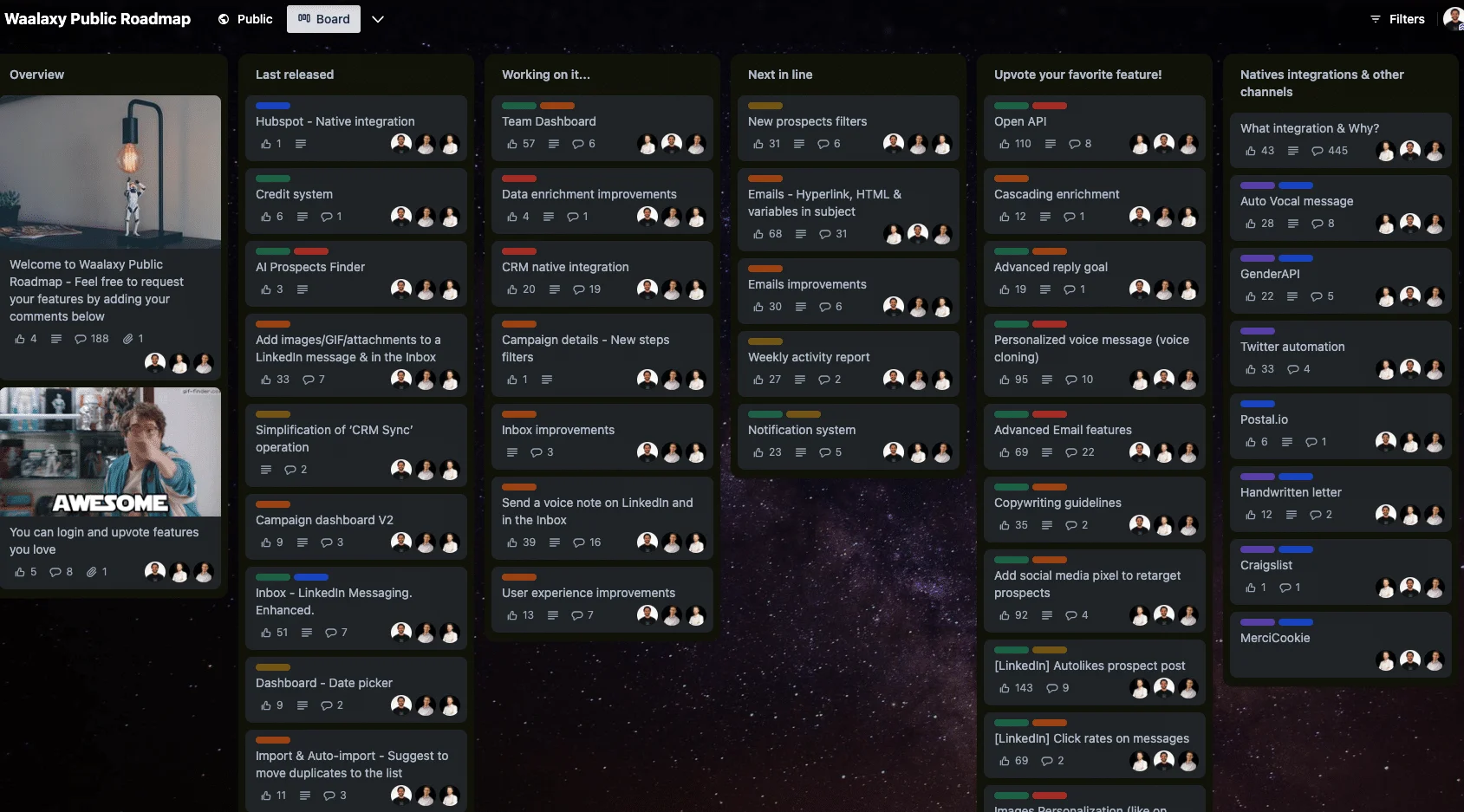 Waalaxy public roadmap features board