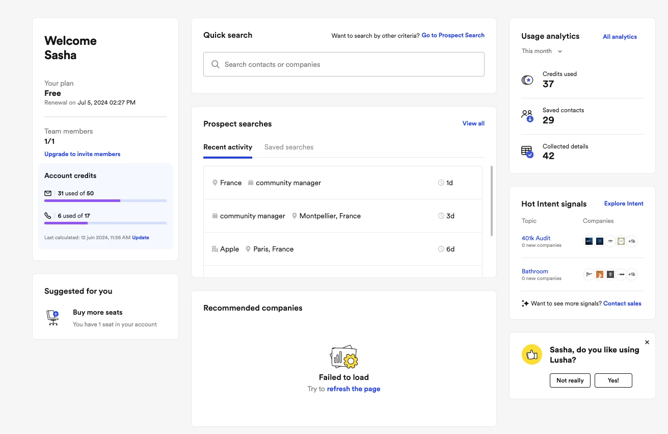 Dashboard Lusha prospection contacts entreprises