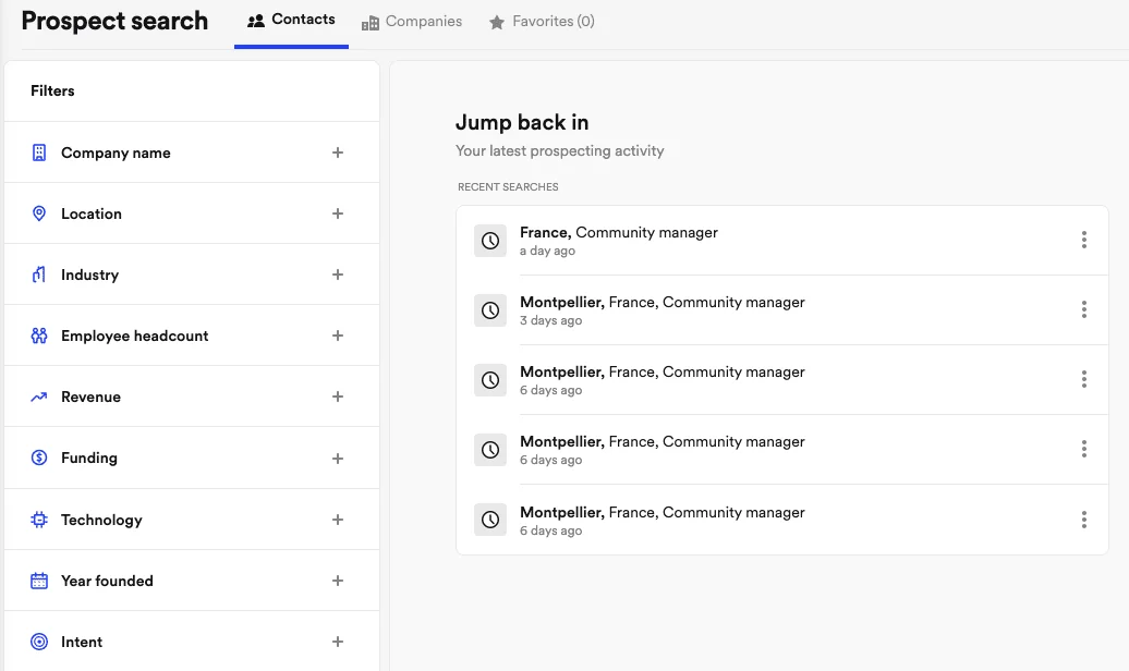 Interface prospect search Waalaxy contacts