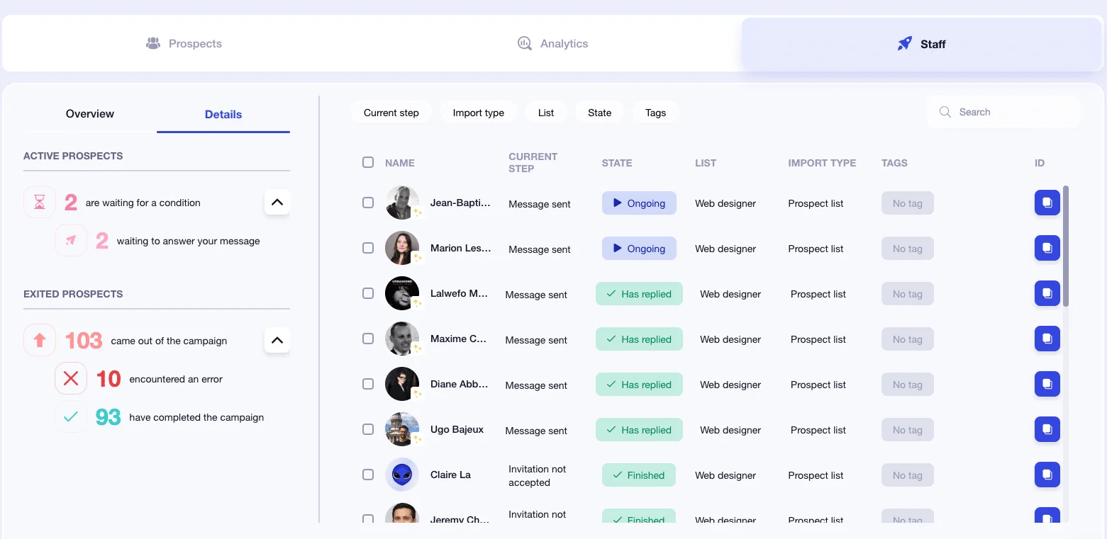 Interface prospection prospects Waalaxy