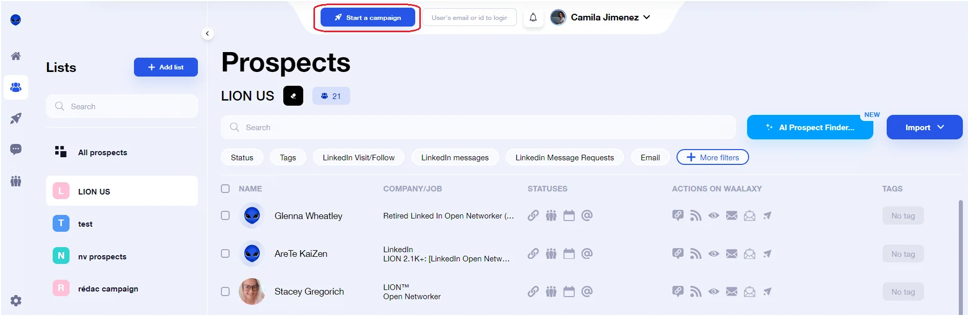 Liste prospects Waalaxy Lion US