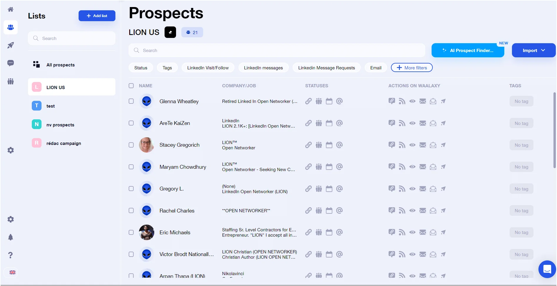 Prospect list Waalaxy Lion US