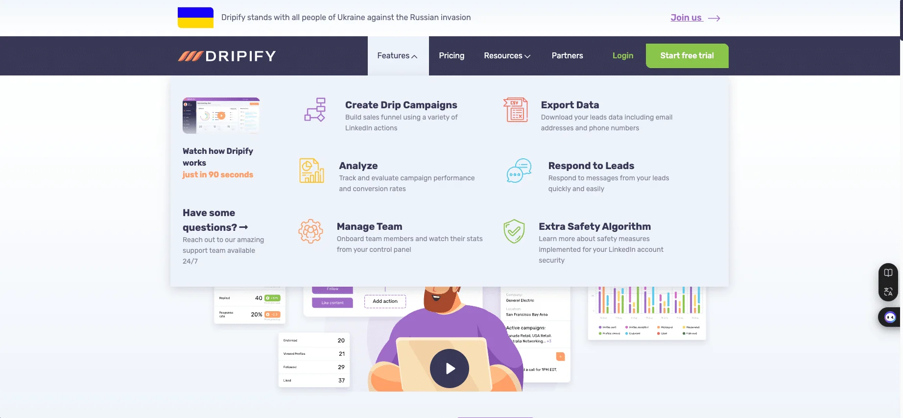 Waalaxy VS Dripify : Die Funktionen von Dripify, hervorgehoben auf ihrer Website