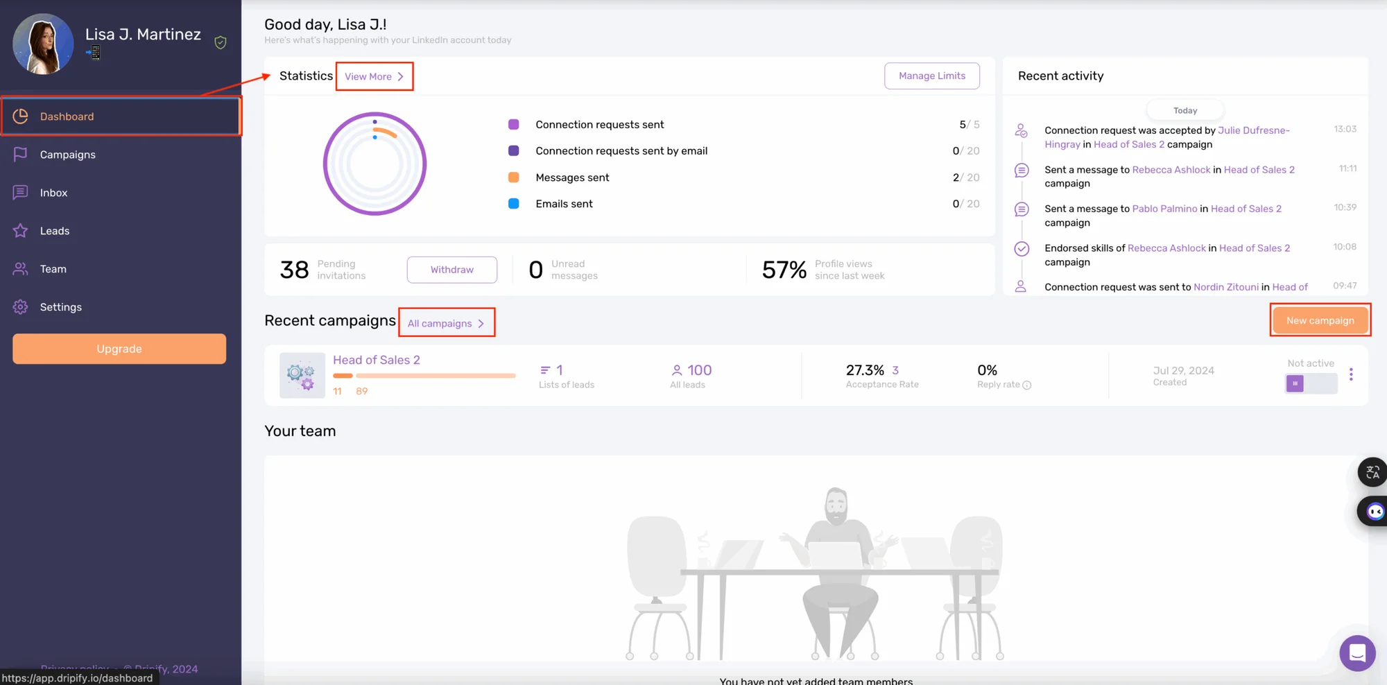 Waalaxy VS Dripify : Design der Dripify-Schnittstelle