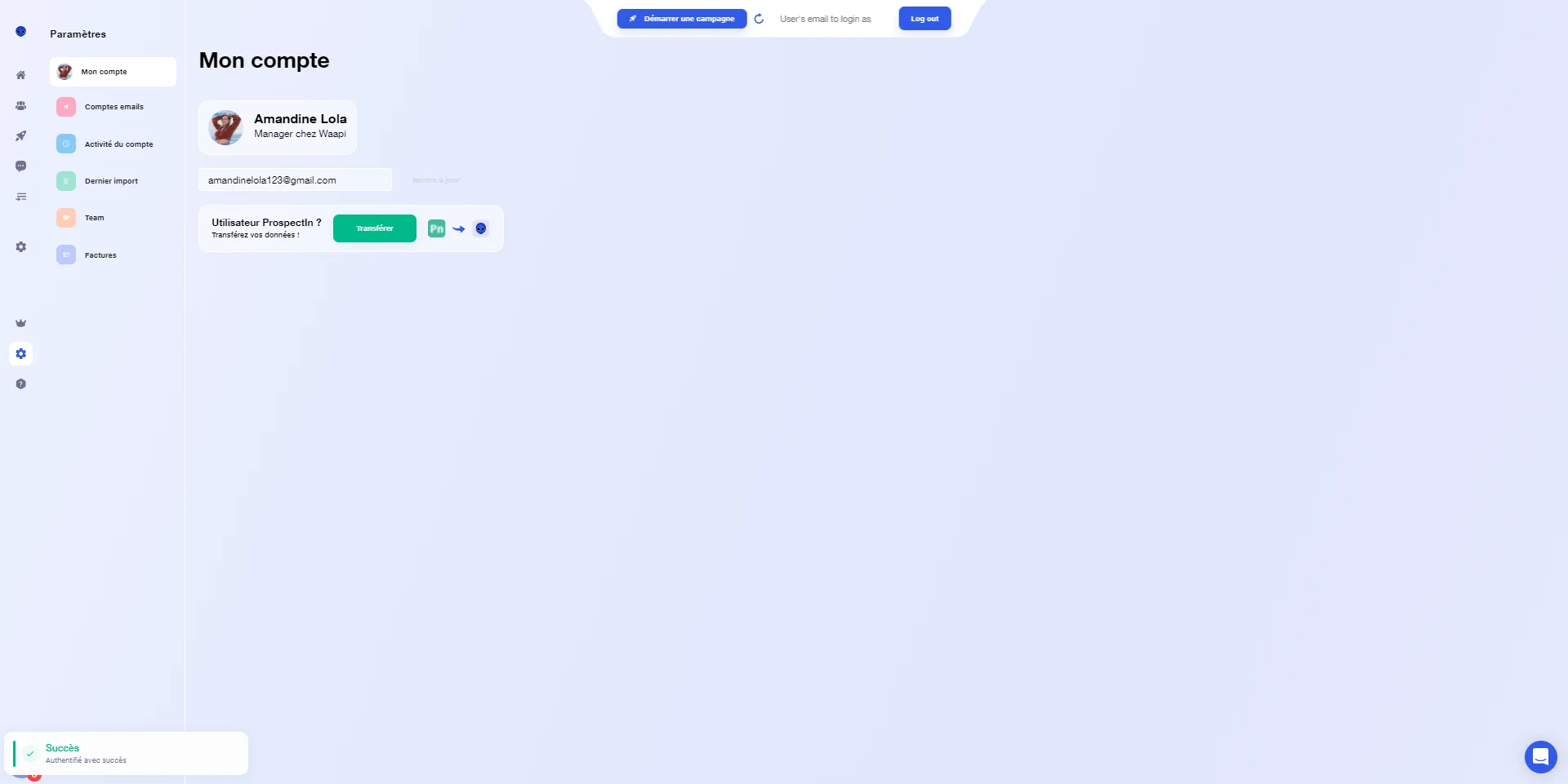 Interface paramètres compte Waalaxy