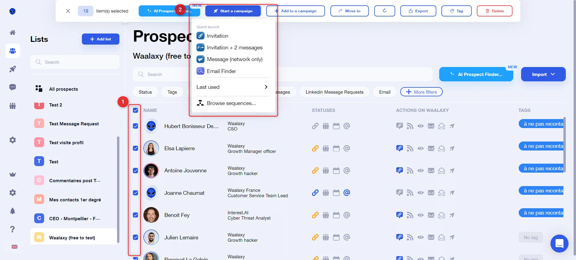 Interface prospection Waalaxy quick launch