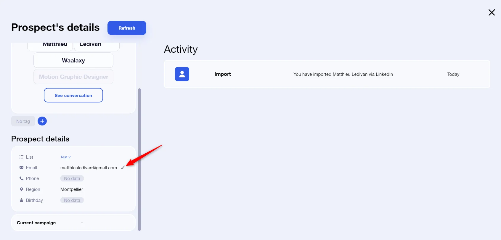 Prospect details Waalaxy LinkedIn import
