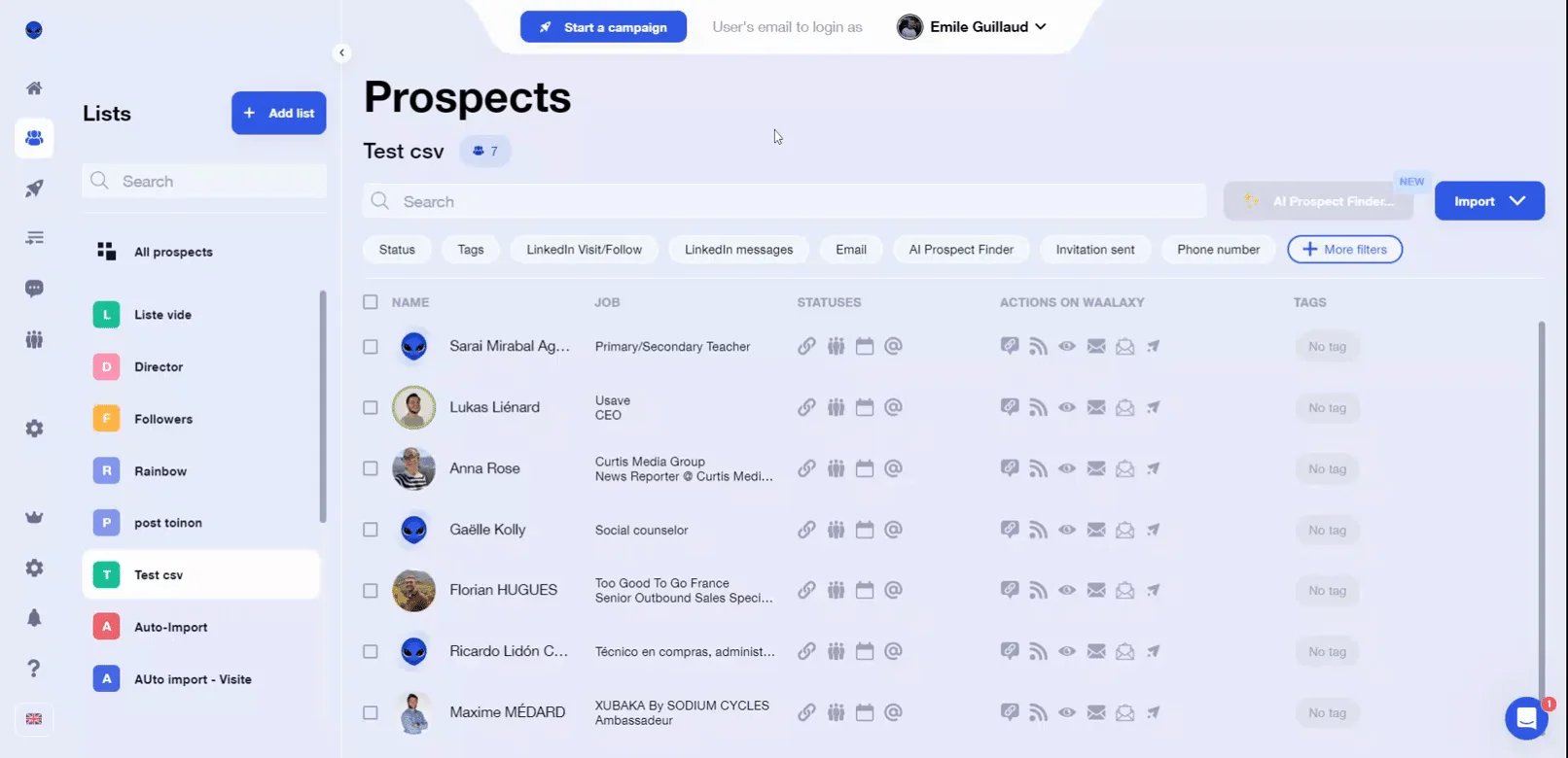 Interface prospects Waalaxy liste prospects