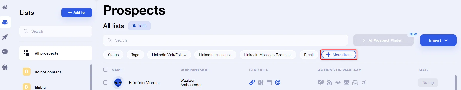 Interface prospection prospects Waalaxy