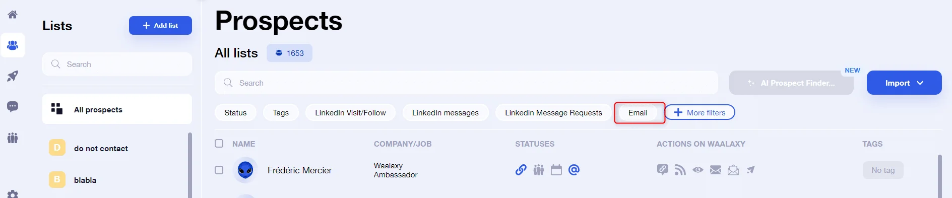 Interface prospects Waalaxy filtres email