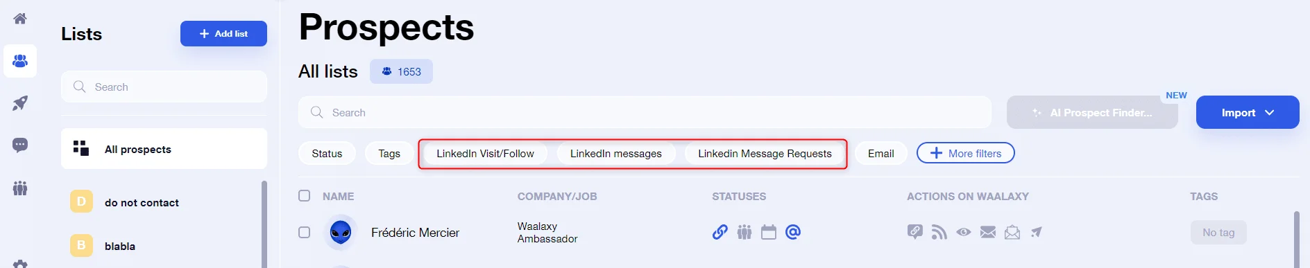 Interface prospection prospects Waalaxy
