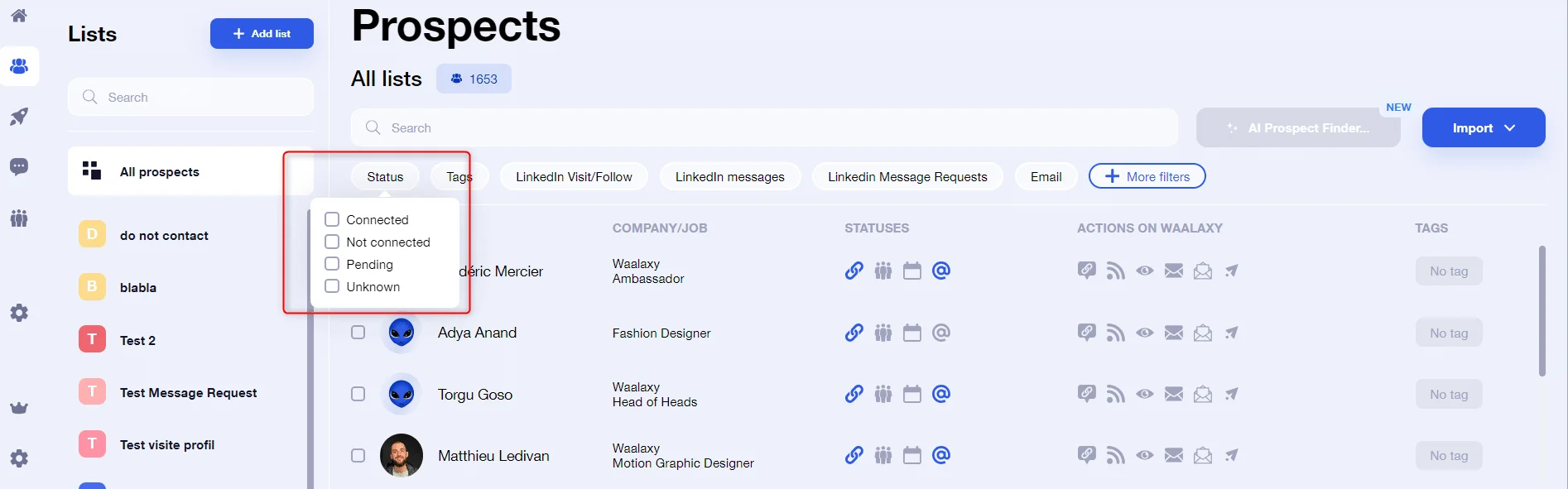 Interface prospection prospects Waalaxy