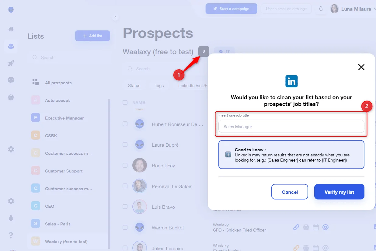 Waalaxy nettoyage liste prospects titres emploi
